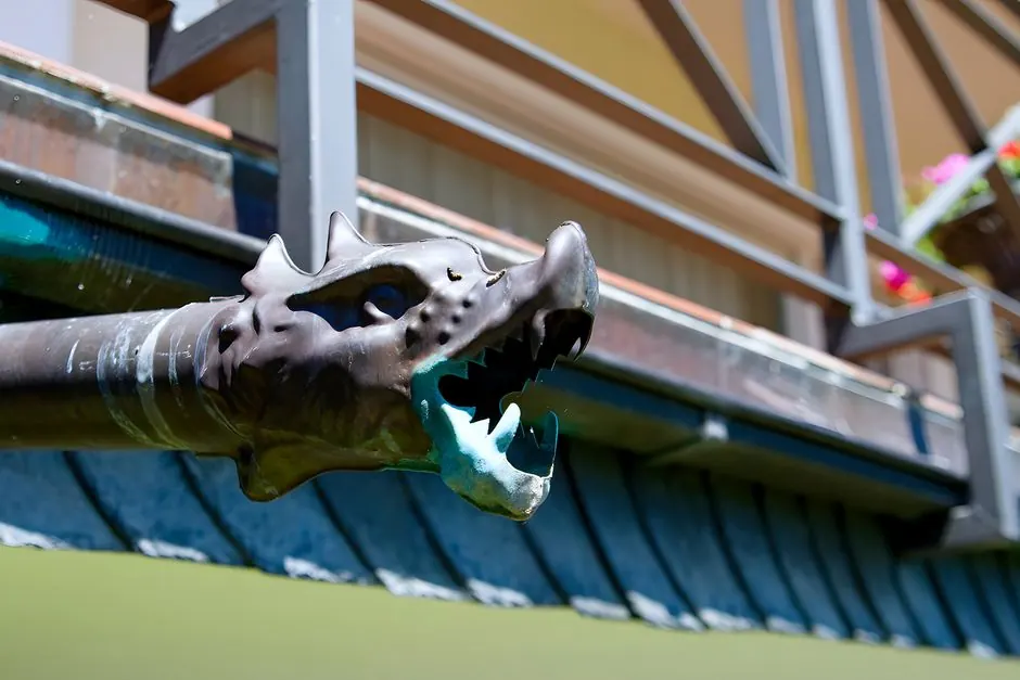 Intricate dragon-headed drainpipe detail on an exterior home, showcasing artistic bronze design.